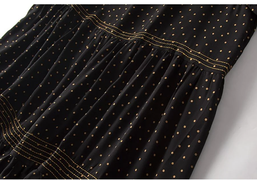Women A-Line Dress 100%Real Silk Dots Printed O neck Long Dresses Calf Length Loose Dress New Summer Dress