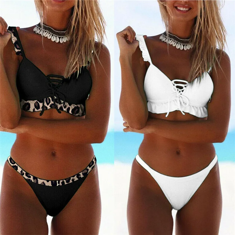 Женский купальник на косточках с пуш ап эффектом однотонный оборками