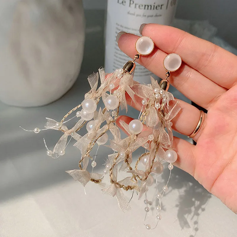 Новые корейские элегантные кружевные длинные висячие серьги с кисточками и