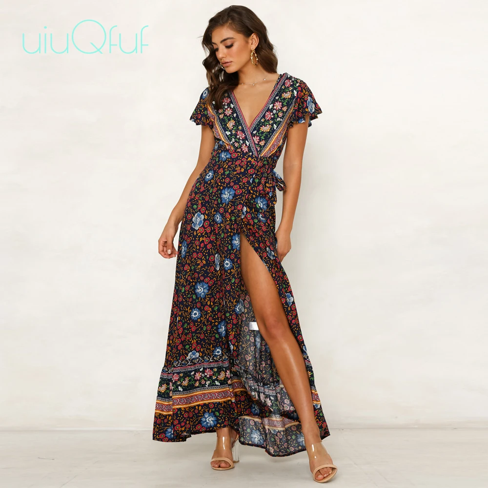 Женское богемное платье с цветочным принтом длинное пляжное длинным рукавом v