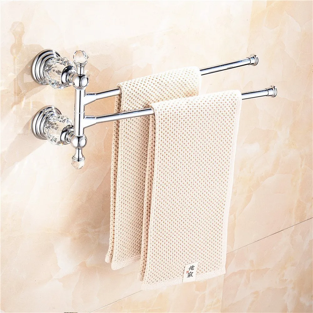 

Leyden Metal&Crystal Chrome Activity Double Towel Bars Wall Mounted Movable Rotatable Towel Racks Holder Bathroom Accessories