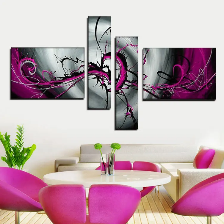 

4 Piece Hand Painted White Silver Purple Modern Abstract Oil Painting On Canvas Wall Art Peacock Pictures For Living Room