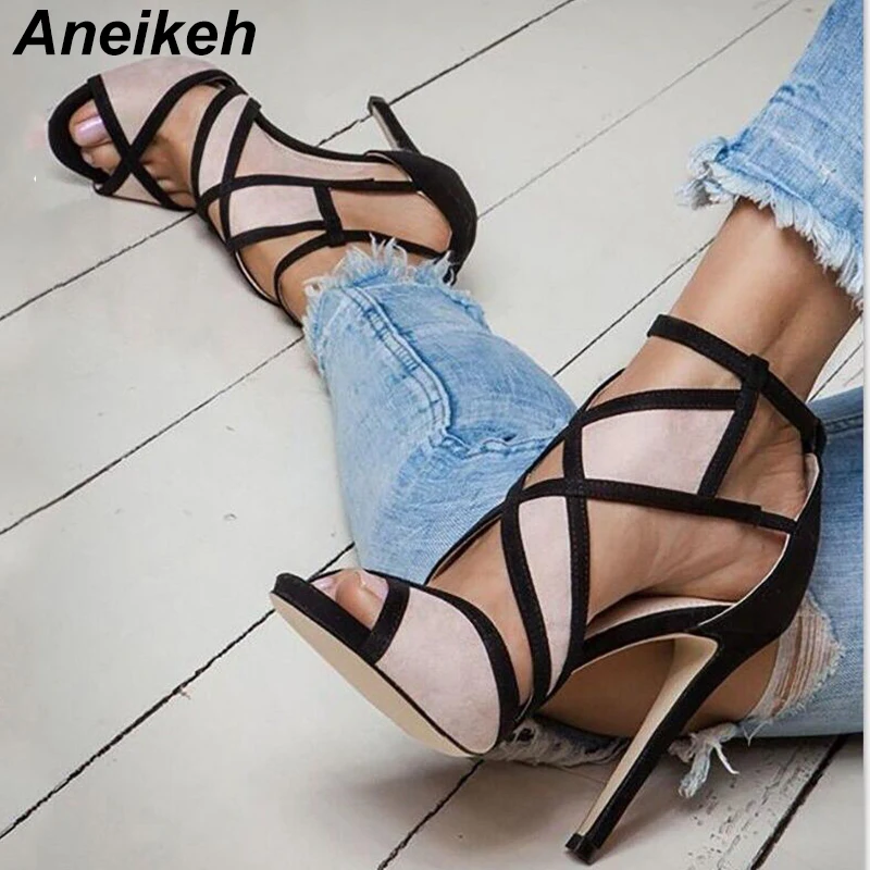 Aneikeh/новейшая модель; Цвет абрикосовый, красный, синий; замшевые босоножки в стиле пэчворк с вырезами; модельные туфли на ремешке с пряжкой; сандалии-гладиаторы