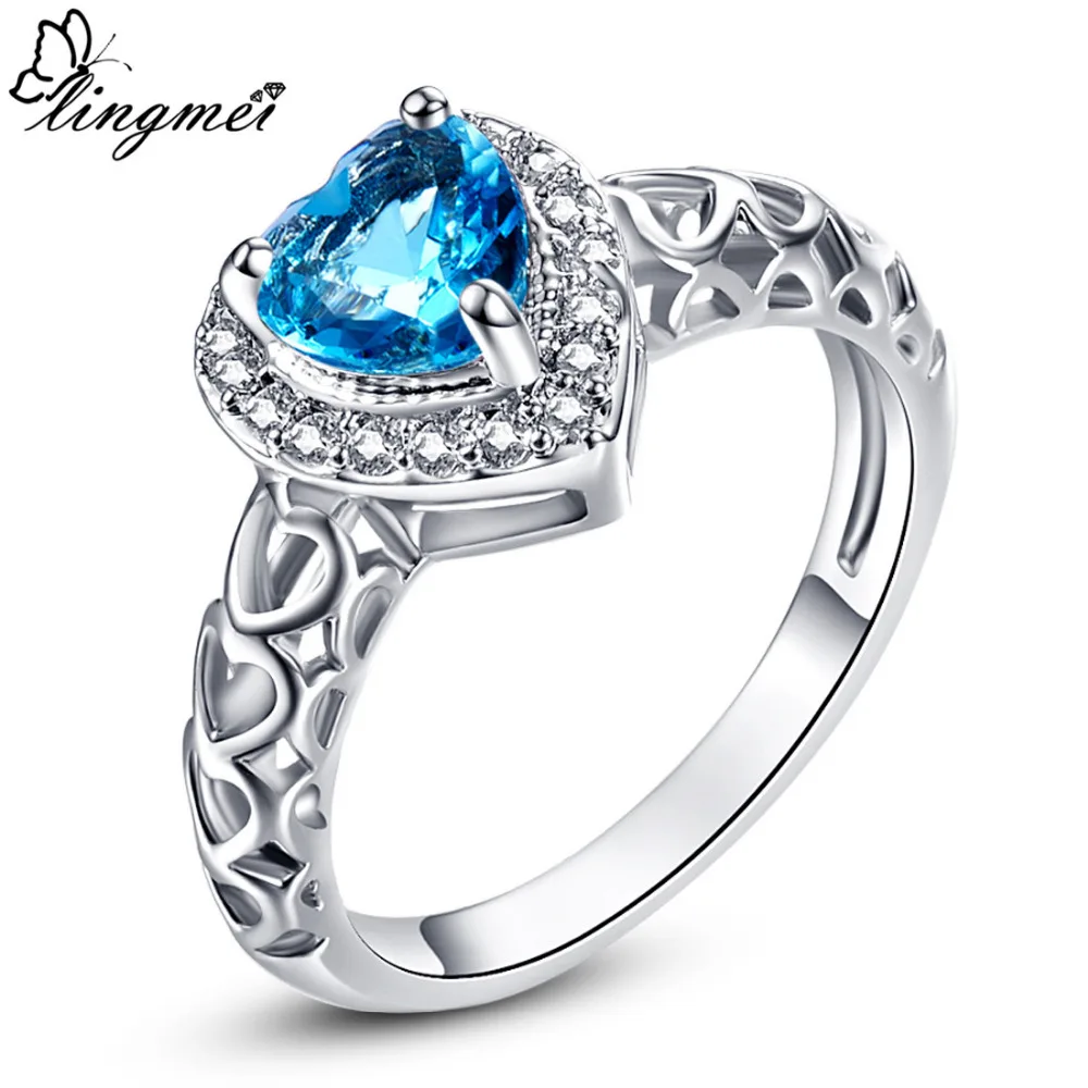 Женское кольцо с сердцем lingmei обручальное серебряного цвета синим и белым
