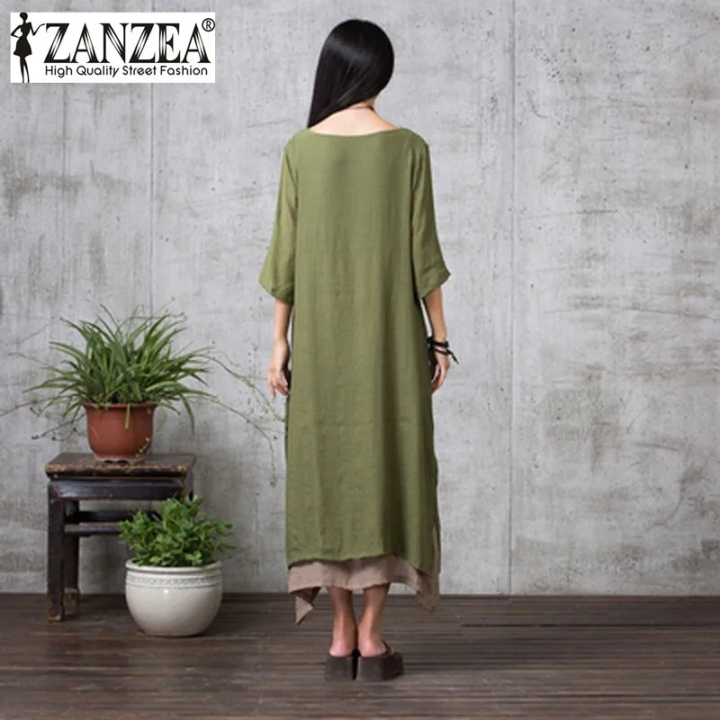 ZANZEA, 9 цветов,, летнее платье, женское, повседневное, свободное, Vestidos, хлопок, лен, длинное платье, макси, платье, рубашка, Ретро стиль, размера плюс