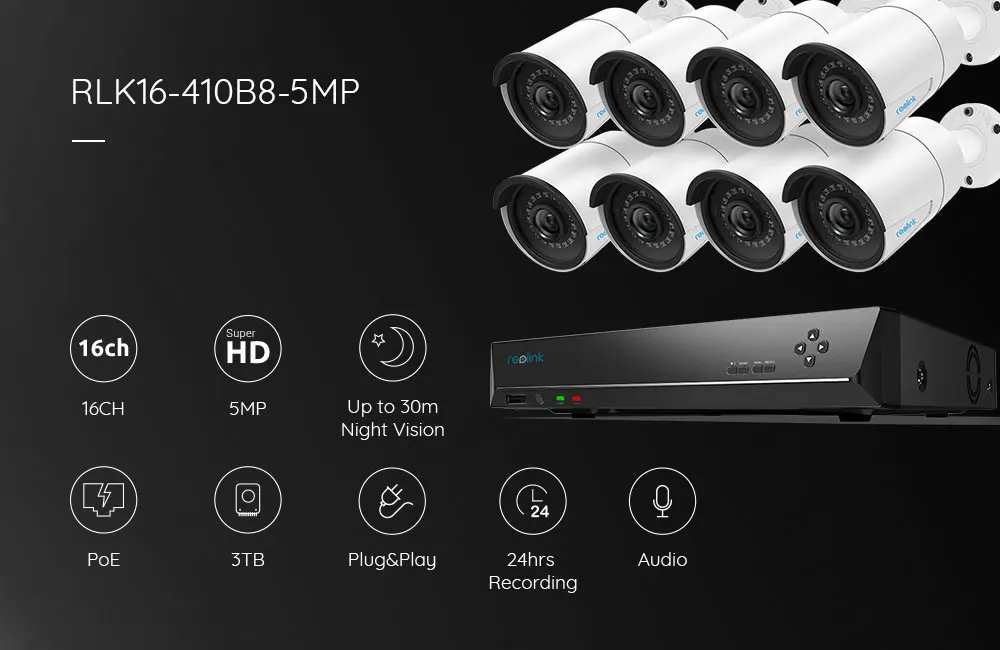 Reolink RLK16-410B8 5MP камера система 16ch PoE NVR и 8 ip-камеры с питанием по PoE Bullet комплект наружного наблюдения 3 ТБ HDD 2 SATA слота