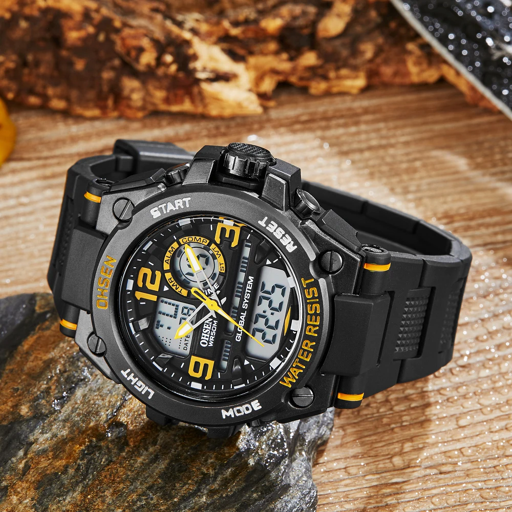OHSEN модные цифровые кварцевые мужские наручные часы с резиновой лентой