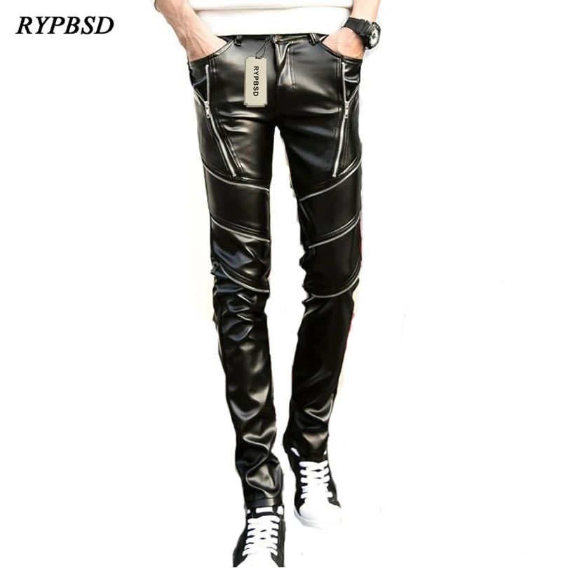 

2019 осень-зима Для мужчин s Тощий искусственной кожаные штаны из искусственной кожи узкие джоггеры Байкер брюки для Для мужчин с молниями чер...
