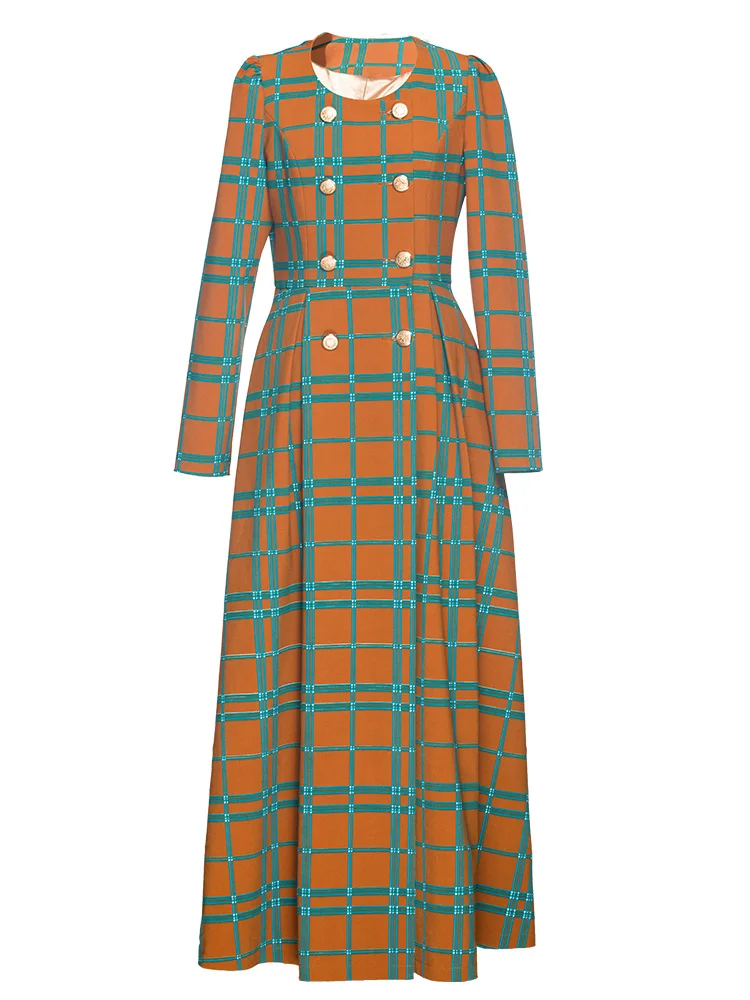 2018 осеннее платье в британском стиле Осеннее клетчатое двубортное с длинными