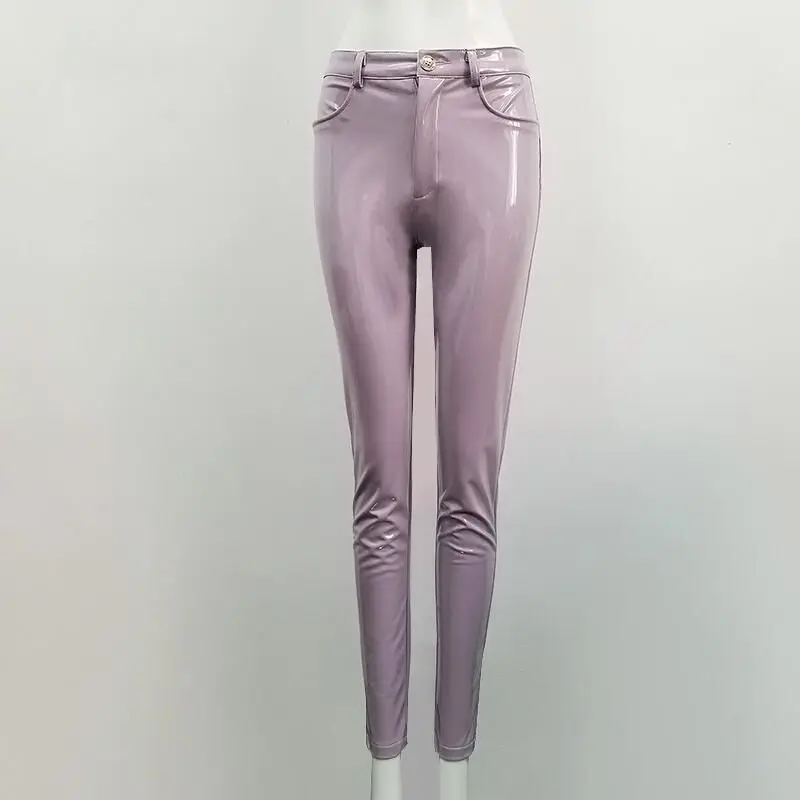 linght purple Новые цветные женские брюки из искусственной кожи, сексуальные Стрейчевые, облегающие зимние женские брюки, женские брюки-карандаш - Цвет: linght purple