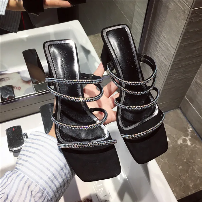 Slippers Heels Ladies Flip Flops Slides Woman Shoes Luxury Flock Square heel High Flip-flops Sliders Summer Designer Crystal