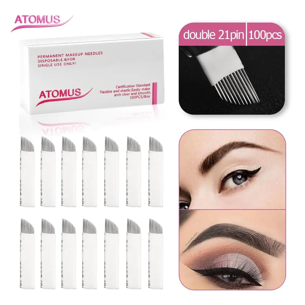 100pcs Microblading blade 21pin double across 025mm Laminas Tebori Blades Permanent Makeup 21Needles Eyebrow Aguja