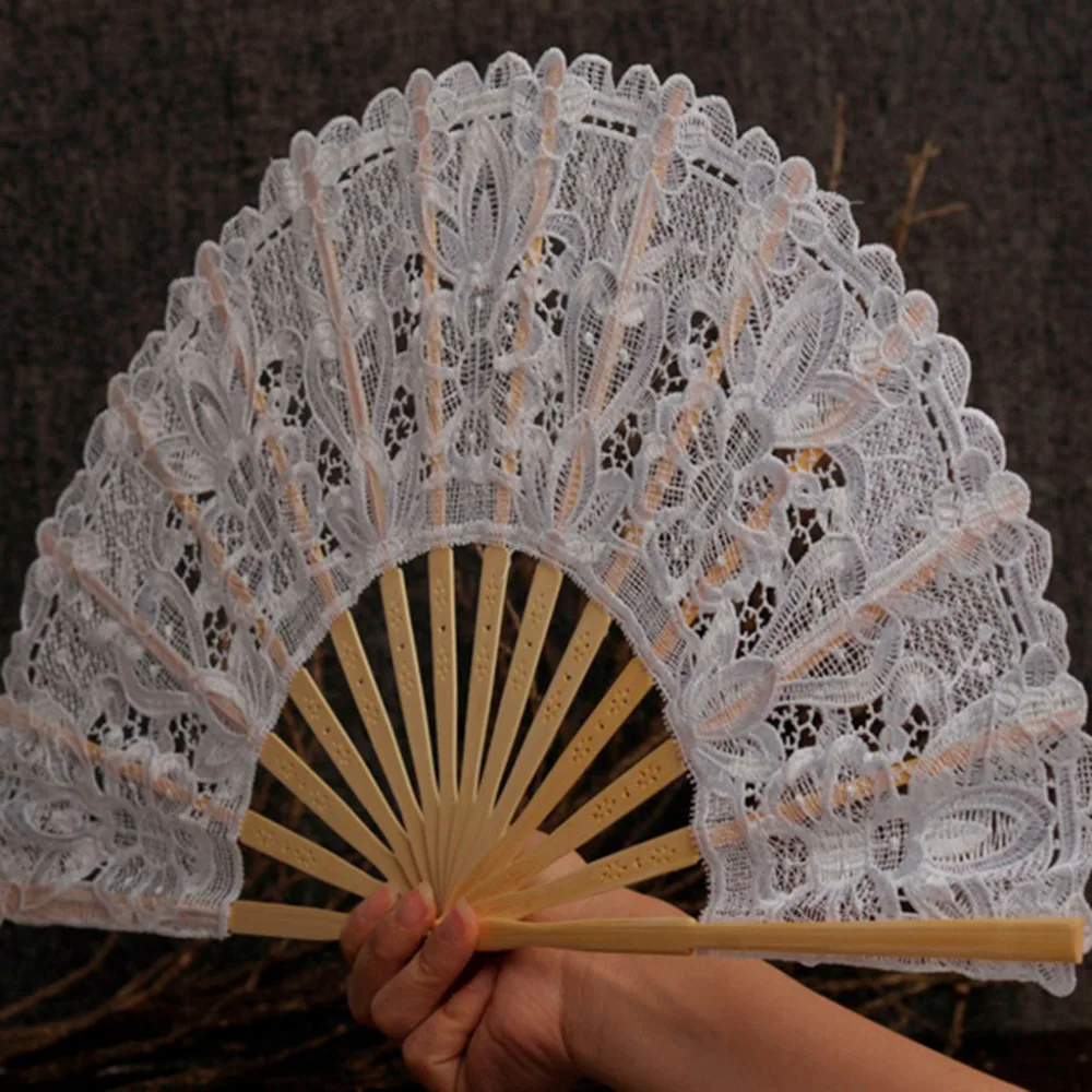 Винтаж бамбуковые цветочные кружева пустой китайский складывающийся веер
