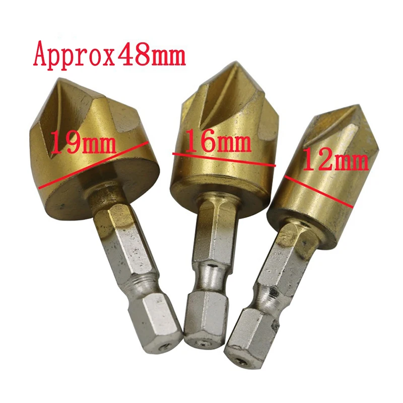 12-19mm three-piece 5 Флейта 1/" шестигранный хвостовик HSS древесины фаски Резак фаски 12/16/19 мм зенковки сверло 6 мм-19 мм фаски шесть шт ручные инструменты - Color: 12-19mm three-piece
