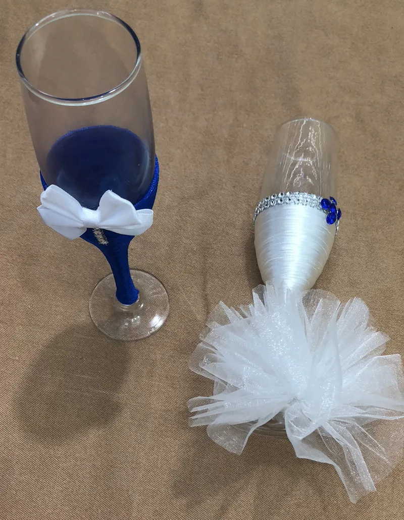 Новинка 1 пара сине-белых свадебных бокалов с бантом Свадебный Бокал для вина