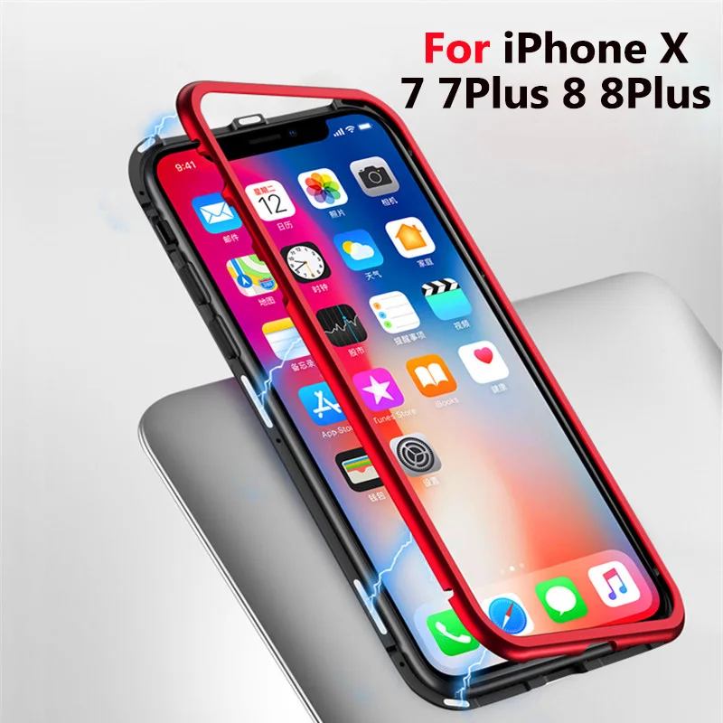 

Magnetic Adsorption Case for IPhone X 8 8Plus Clear Tempered Glass + Built-in Magnet Phone Case for IPhone 7 7Plus Metal Cover