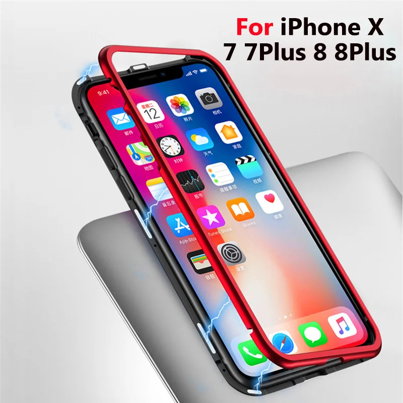 Магнитный адсорбционный чехол для IPhone X 8 Plus прозрачное закаленное стекло +