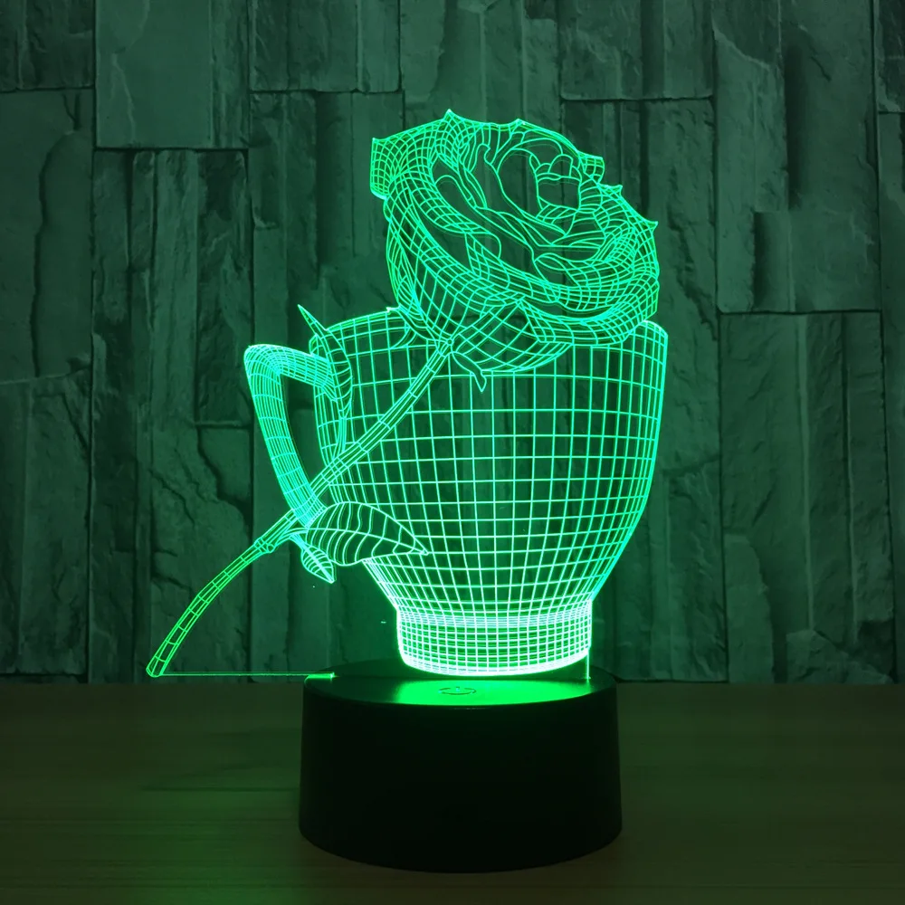Модная цветная роза с чашкой Модель 3D ночники USB мощность атмосфера подарок для