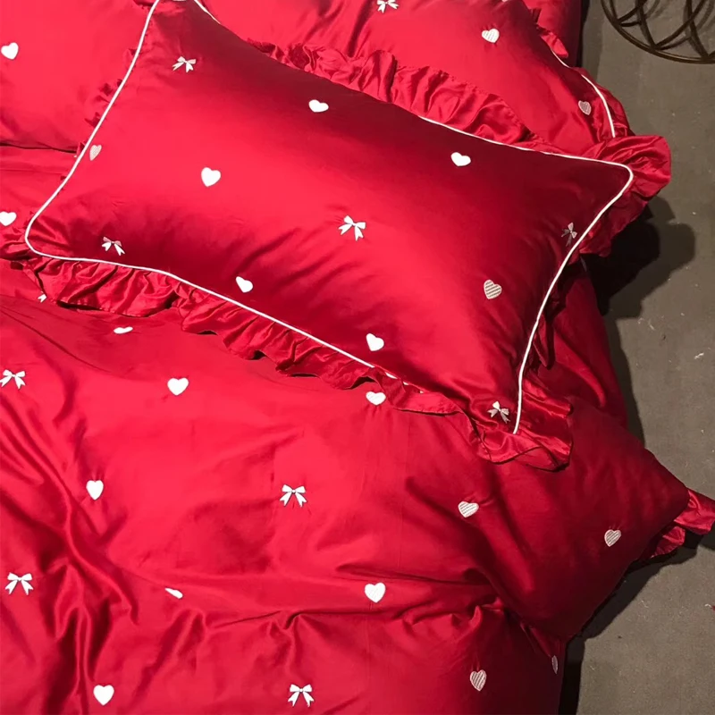 New Lovely Red Heart Egyptian Cotton Embroidery Luxury Royal Bedding Set King Queen Bed Sheet set Duvet cover Pillowcase 4/6pcs | Дом и сад