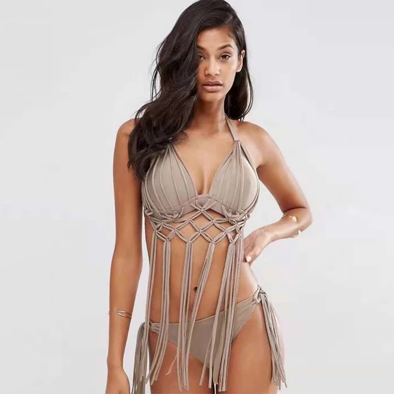 Женское бикини серое с кисточками сексуальный бюстгальтер вкладышами пуш ап