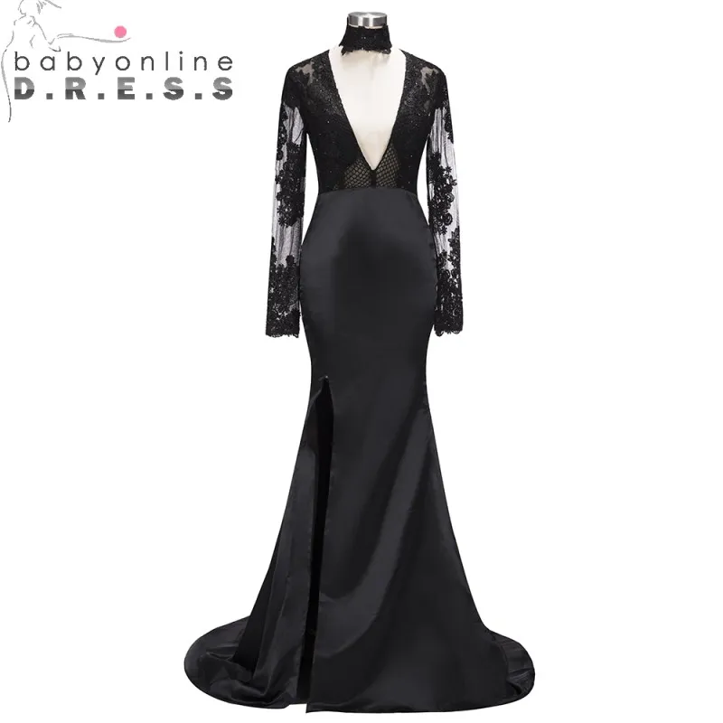 Очаровательное черное вечернее платье русалки с длинным рукавом и глубоким