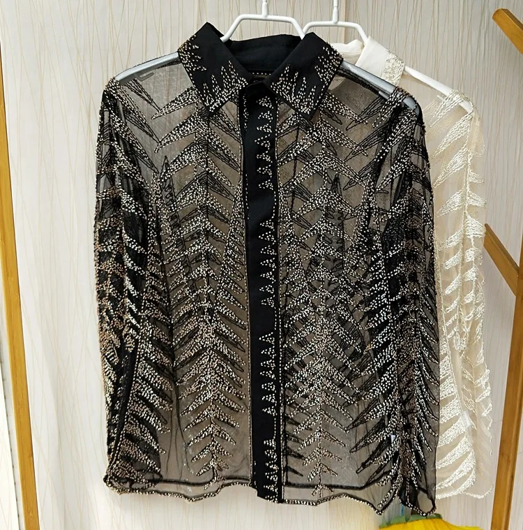

Summer new fashion heavy work rock wind leaf pattern beading perspective mesh sequins shirt female long-sleeved shirt wq2055
