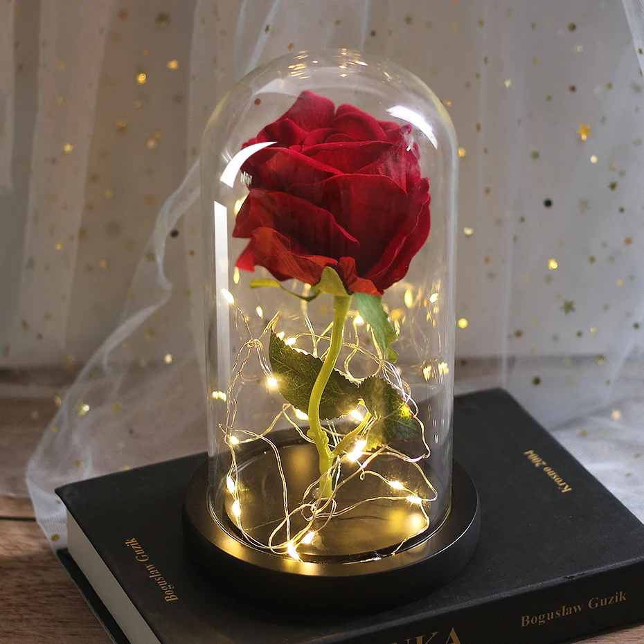 LED Eternal Flower Immortal Flora Light Up Dome Beauty and The Beast Rose In A Flask Valentine's Day Birthday Christmas Day Gift - Цвет: 090