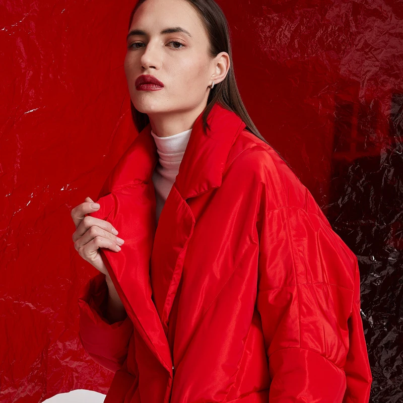 Красная куртка в форме кокона для женщин зимнее пуховое пальто празднования