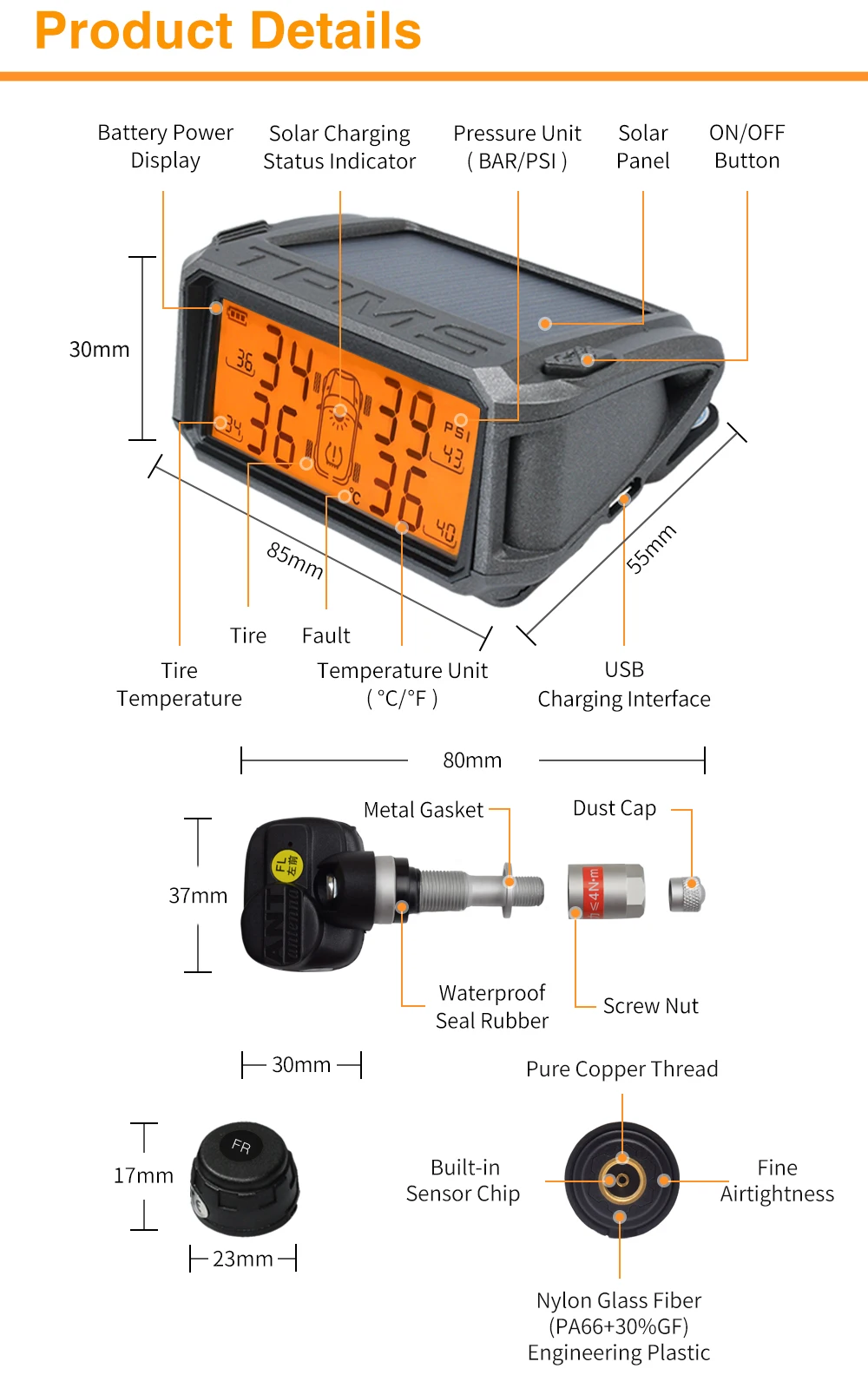 Система мониторинга давления в шинах TPMS датчик солнечной безопасности автомобиля умный контроль шин беспроводной 4 колеса внутренняя и внешняя датчик s