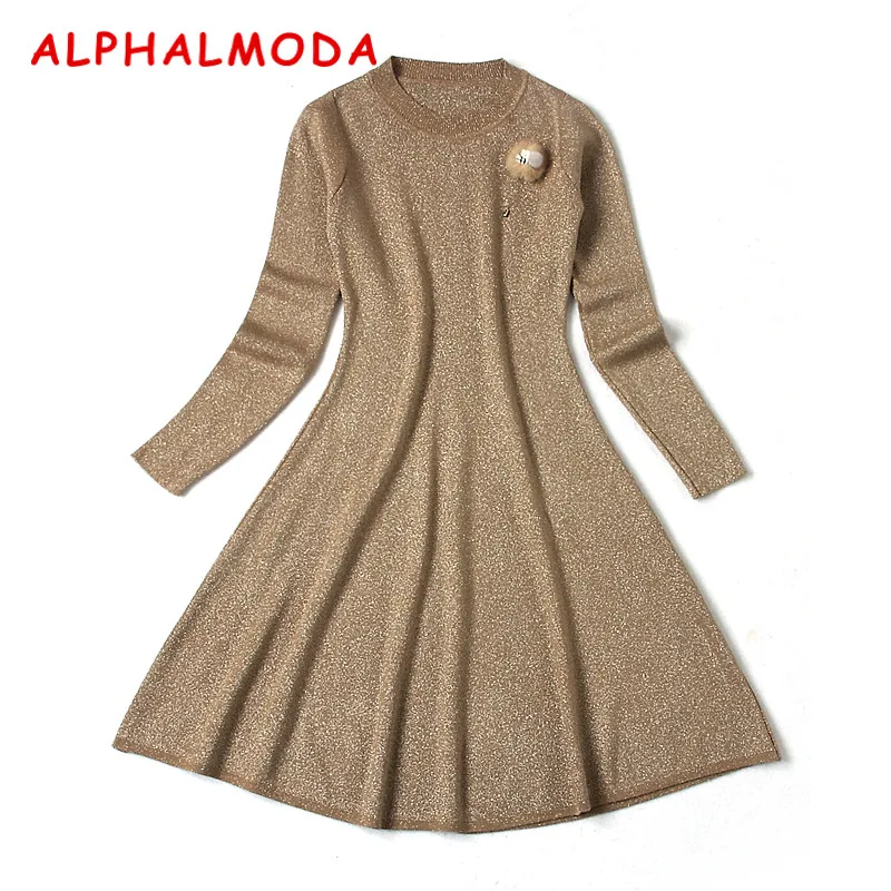 Женское трикотажное платье ALPHALMODA с длинным рукавом реальное блестящее для