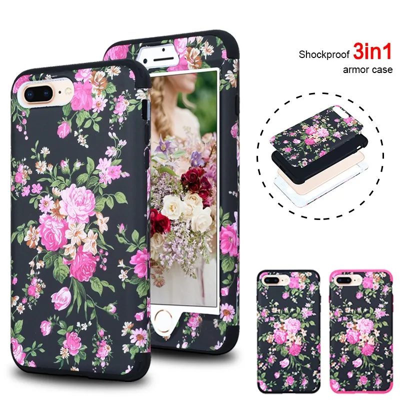Модный ударопрочный чехол с цветком 3 в 1 Amor для iPhone 7 Plus 8 силиконовый + PC 360