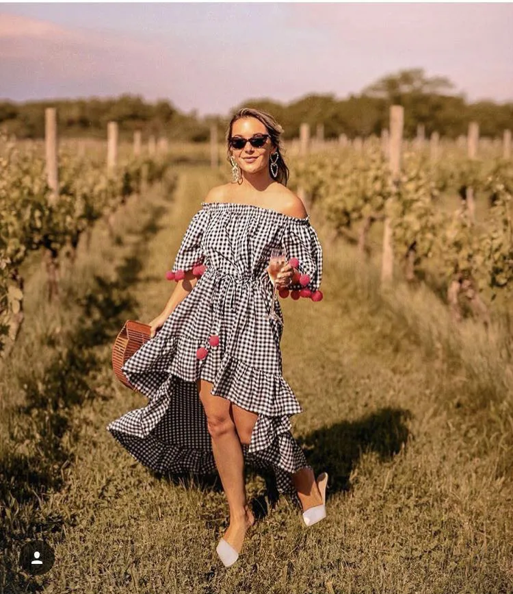 ARANSUE women Beach Holiday bohemian England plaid slash neck pompon botton Frenulum Front short rear length strapless Dress | Женская