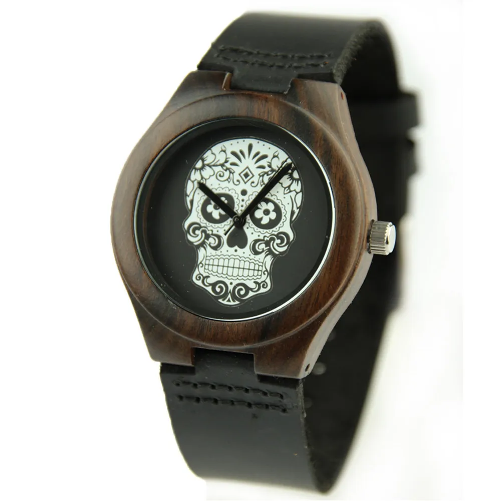 Деревянные часы мужские Дамская Мода Мужские кварцевые с черепом конструкций