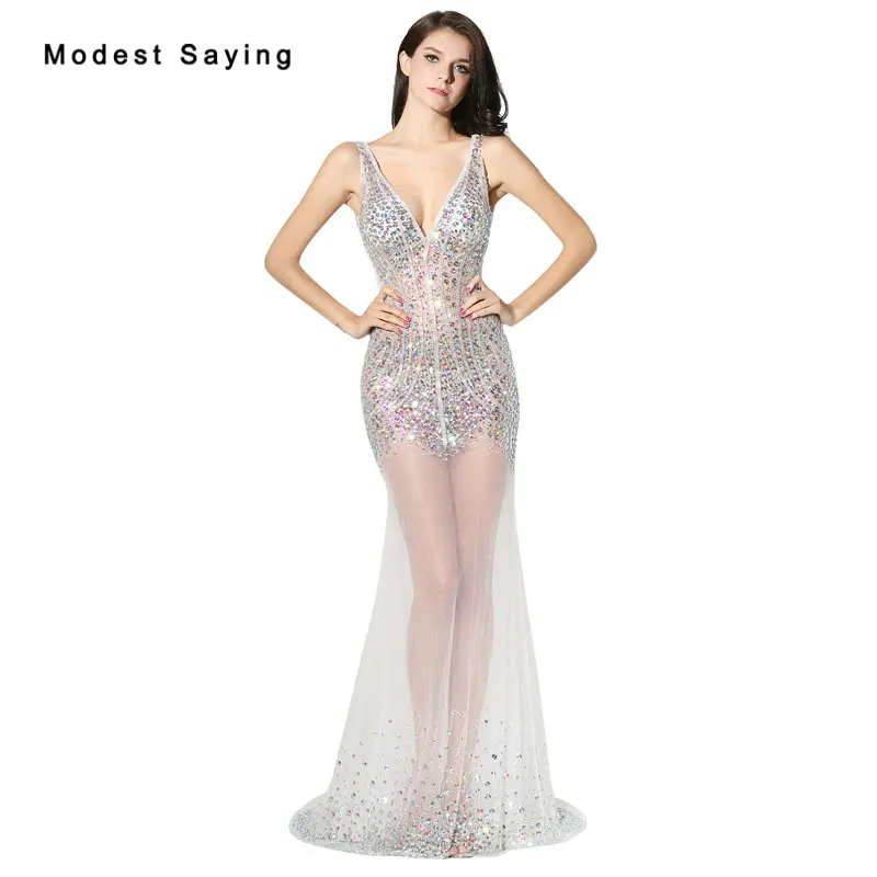 

Luxury See Through Sexy Mermaid V Neck Crystal Evening Dresses 2017 with Rhinestone Women Night Party Prom Gown vestido de festa