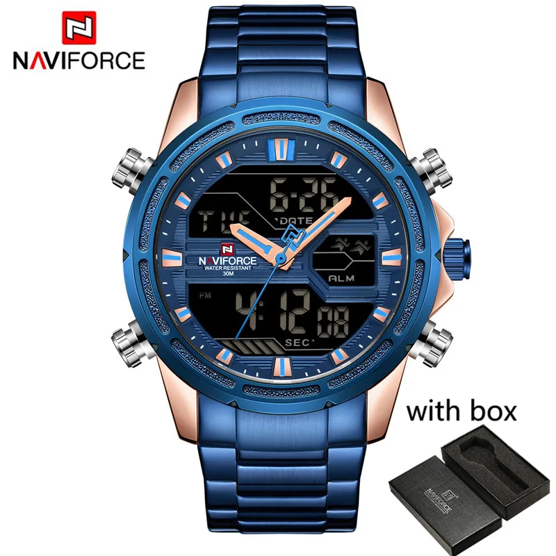 NA913801 with box NAVIFORCE часы Мужские лучший бренд класса люкс нержавеющая сталь спортивные водонепроницаемые мужские часы Цифровые кварцевые военные мужские наручные часы 9138 - Цвет: NA913801 with box