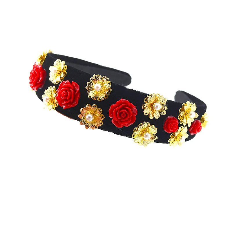 Обруч для волос в стиле барокко женский широкий обруч с красной розой черной