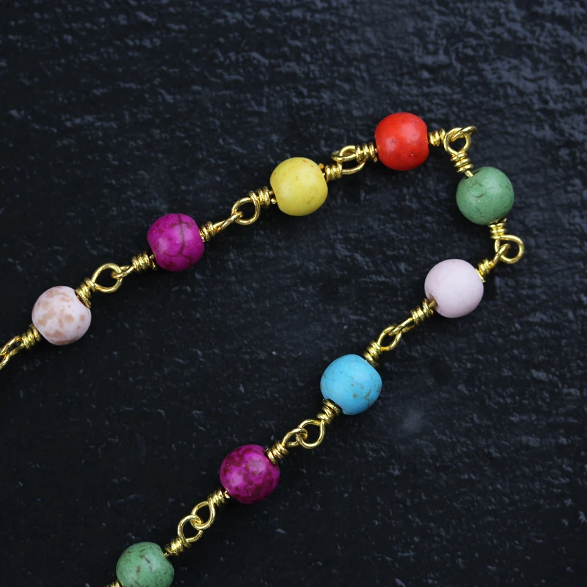 6mm Colorful Raw Turquoises Howlite Round Shape Beads Chains Plated Gold Copper Rosary Jewelry Necklace Supplies | Украшения и