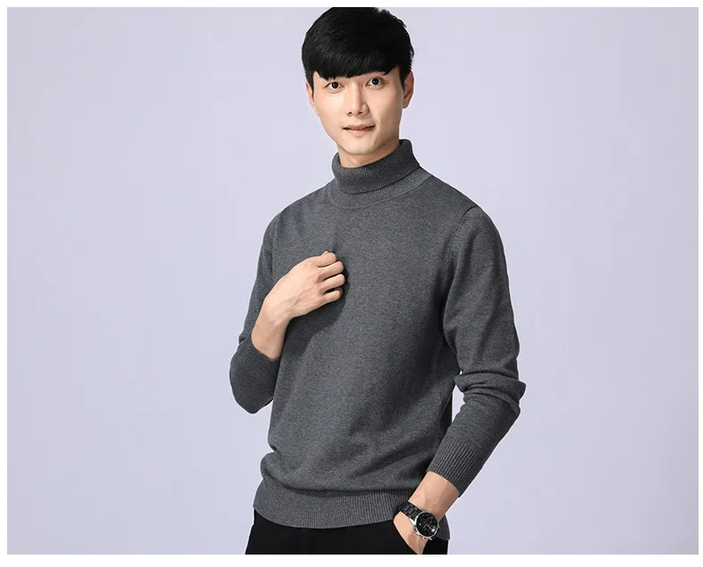 Cotton sweater men's winter turtleneck Long sleeve sweater Thicken Solid color sweater cotton slim bottoming shirt 033