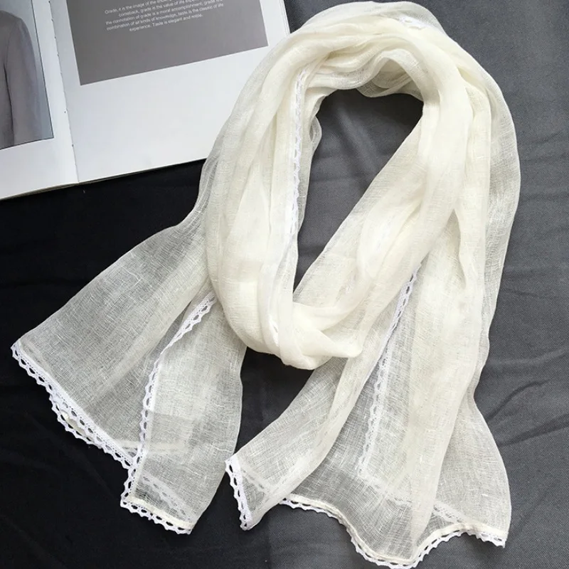 

White Scarves Linen Scarf Wraps Capes Hijab Natural Long Lace Scarves for Women