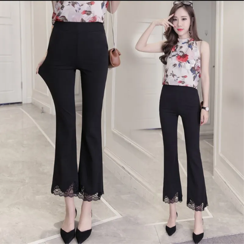 

2021 Super elastic high waist lace micro bell pants female black large size casual split nine skinny pants students
