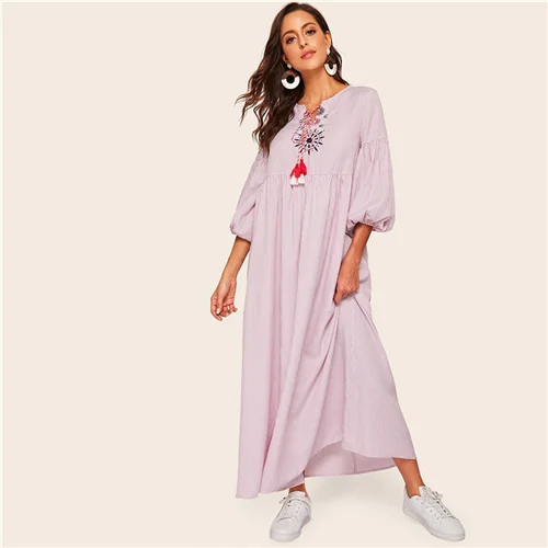 SHEIN модное Полосатое Платье макси с принтом разноцветные кисти - Цвет: Многоцветный