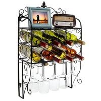 Metal Iron Wall 46x21x75cm Mounted 8 Bottle & 6 Glass Stemware Wine Rack Display Storage Organizer Top Shelf for Sale