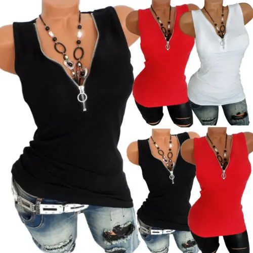 Блузка женская летняя с треугольным вырезом однотонная без рукавов на молнии |