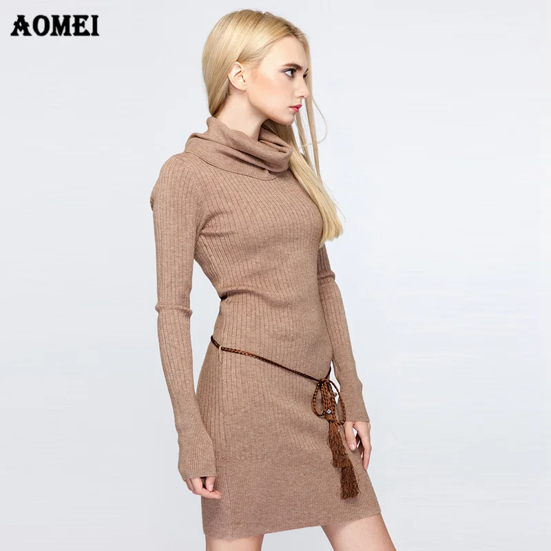 Turtle Neck Women Sweater Dress 2019 Long Sleeves Fashion Gray Solid Elegant Knitted Dresses Tight Classy Casual Warm Sweaters | Женская