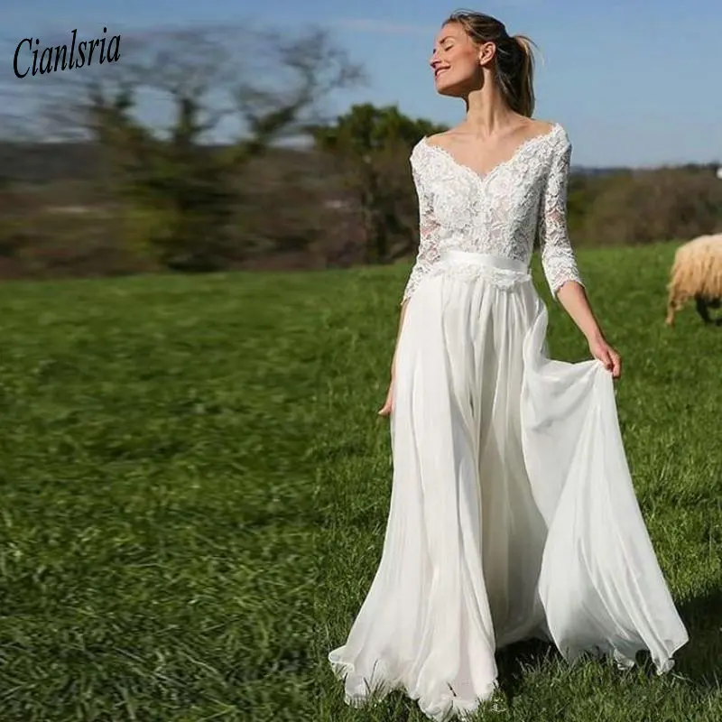 

2020 V-Neck Off The Shoulder Backless Country Wedding Dresses Appliques Lace Three Quarter Sleeve Chiffon Bohemian Wedding Dress