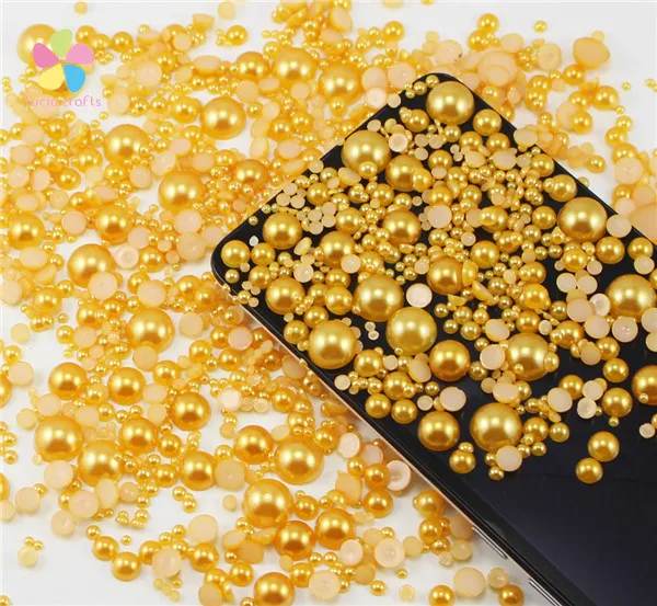 Lucia crafts 288 шт смешанный размер ABS имитация жемчуга полукруглые бусины с плоской задней стороной для украшения одежды ногтей F0508 - Цвет: Gold