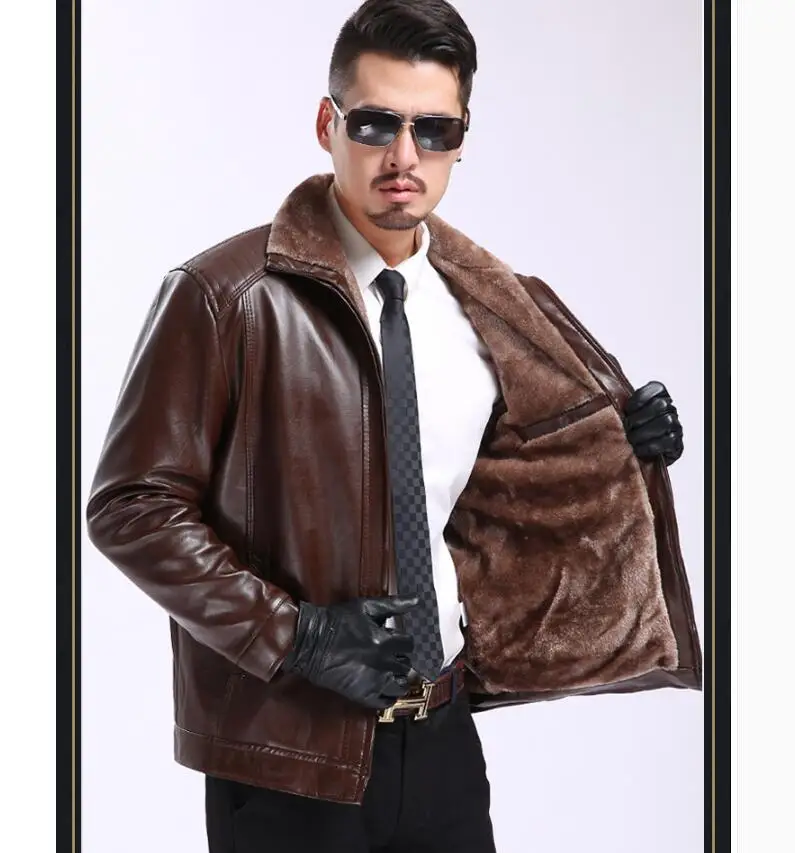 S-3xl Autumn And Winter Men's New Fur Collar One Leather Middle-aged Jacket Sheep Daddy Plus Velvet | Мужская одежда