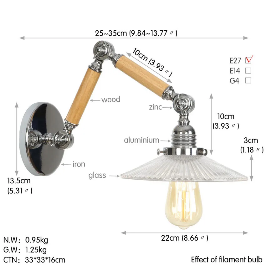 Лофт стиль Эдисон светодиодный настенный светильник с длинным рукавом бра
