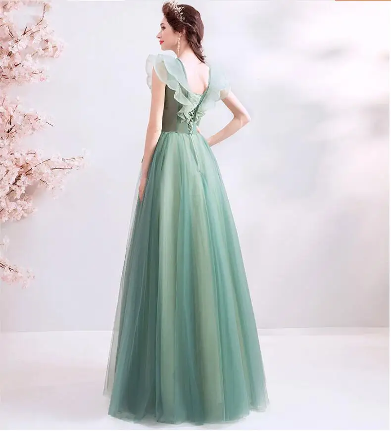 2019 свежий зеленое вечернее платье официальное из тюли с аппликацией кристаллами