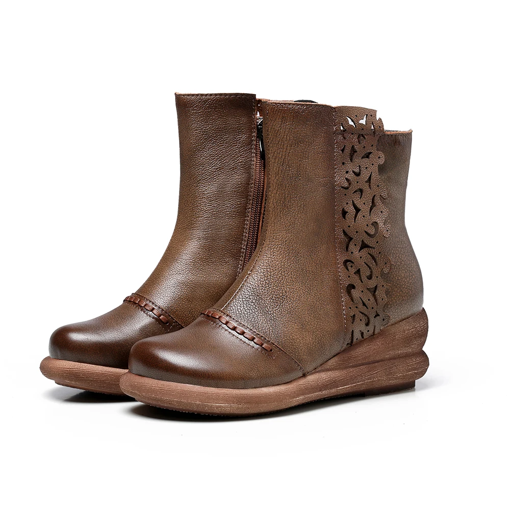 Women Genuine Leather Boots Spring Autumn Handmade Short Wedges Boot Ladies High Top Shoes Fashion Mother Ankle 355-2 | Обувь